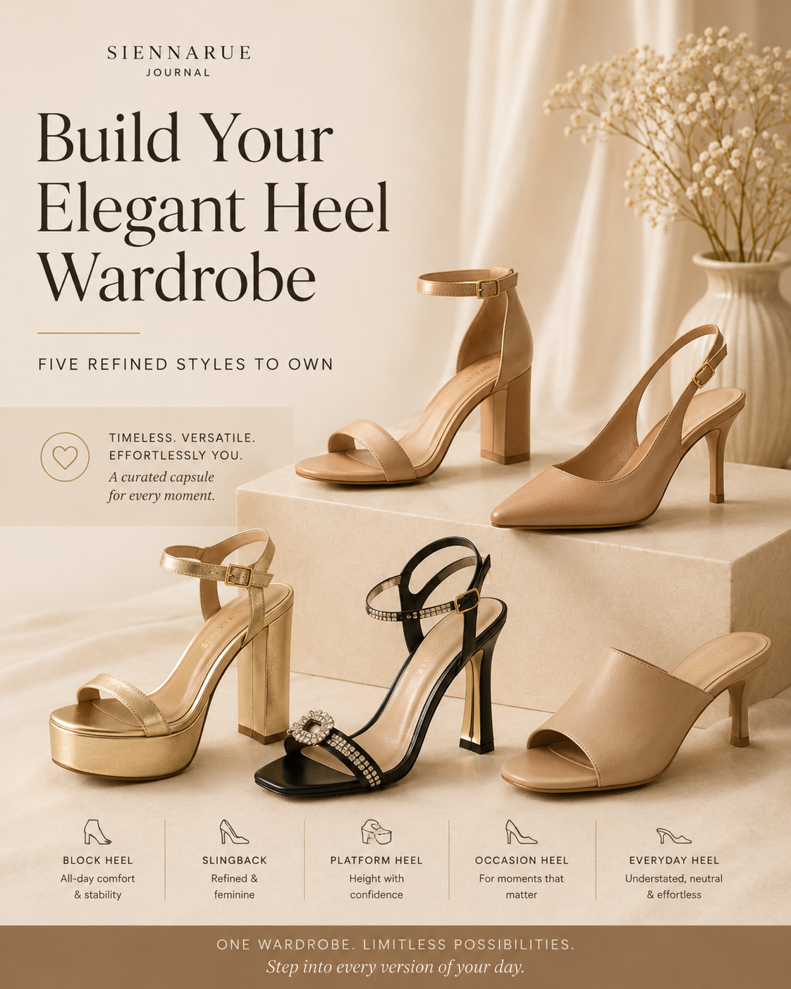 Curated elegant heel wardrobe featuring neutral block heels, platform heels, slingback heels, occasion heels and everyday heels on a soft ivory editorial studio set.