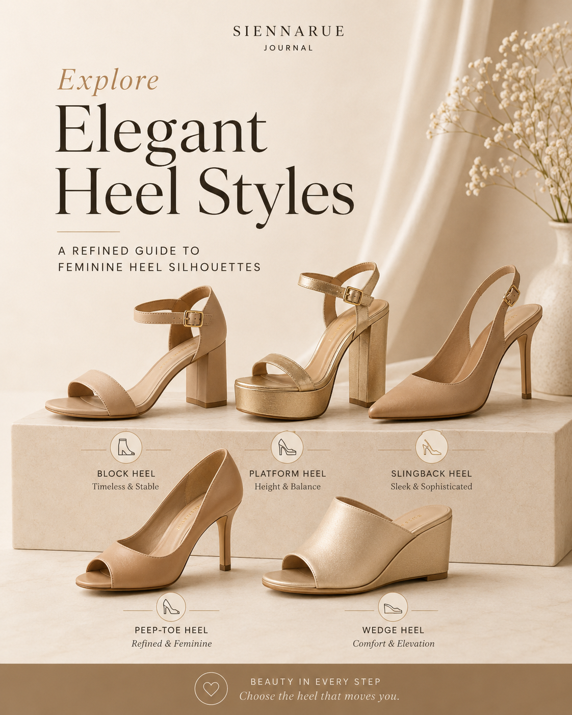 Editorial display of elegant women’s heel styles in neutral tones, including block heels, platform heels, slingback heels, peep-toe heels and wedge heels on a soft ivory studio background.