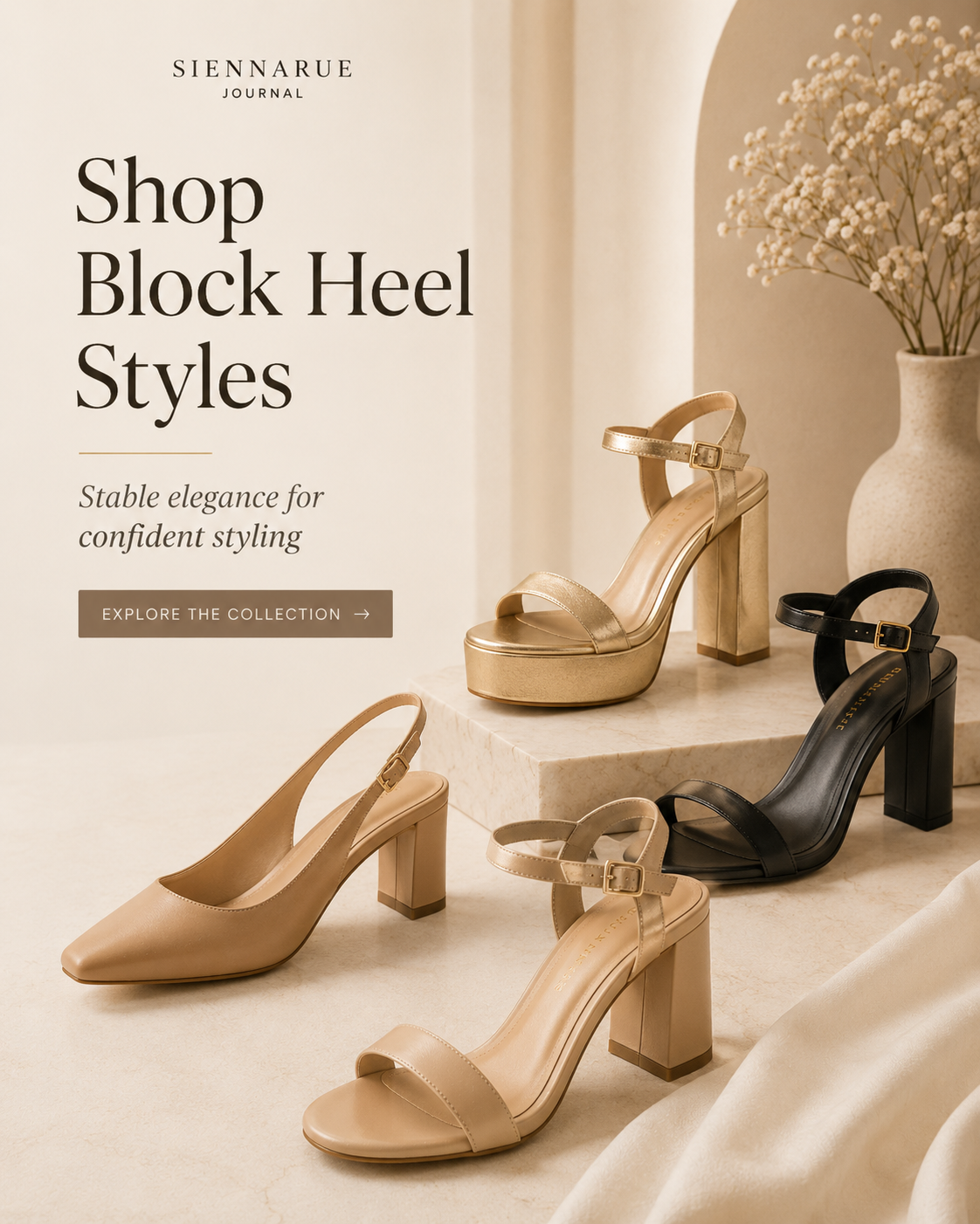 Elegant block heel styles displayed on a warm ivory studio set, featuring neutral and black block heel sandals with refined straps and polished details.