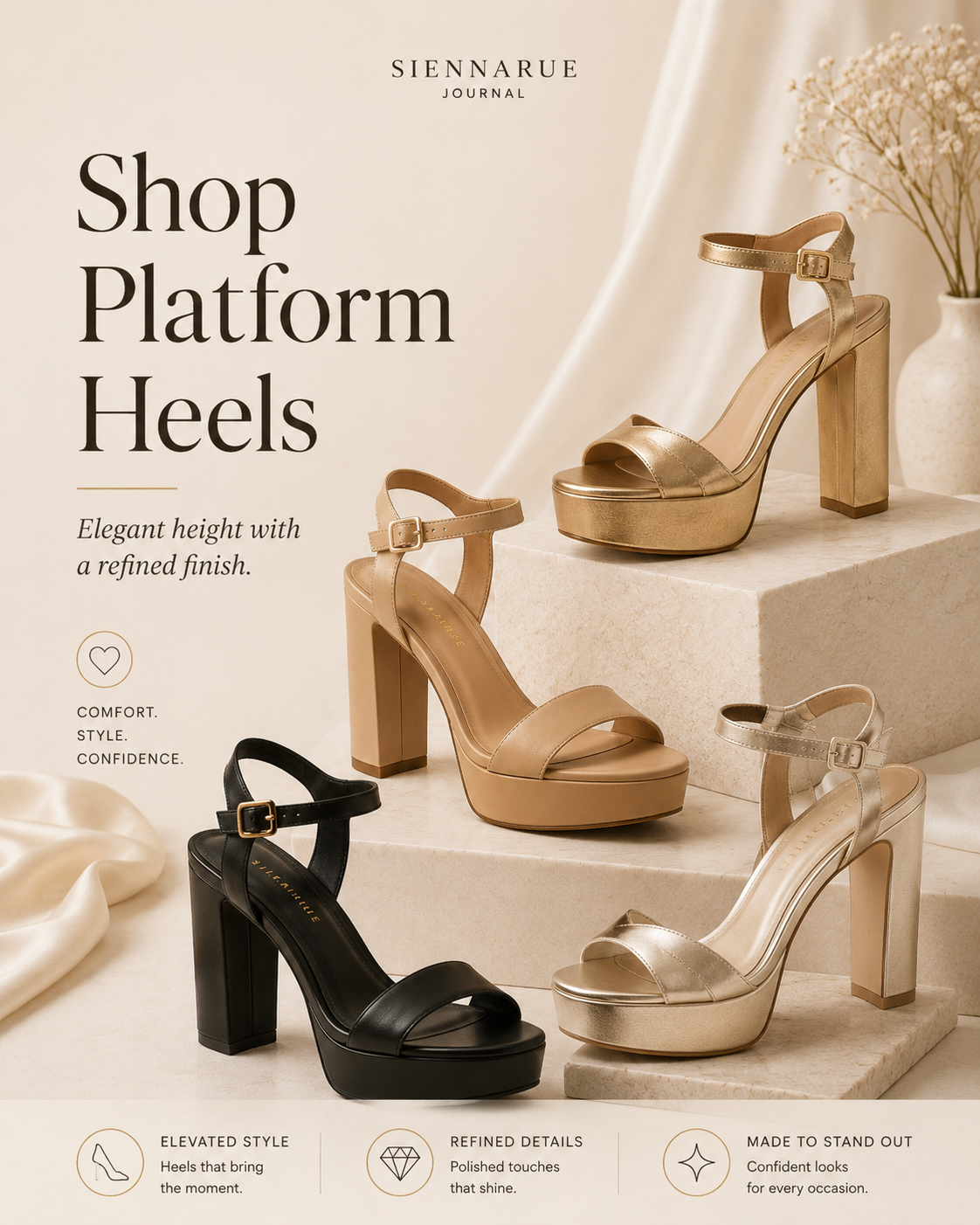 Neutral and black platform heels arranged on marble blocks with soft ivory draping, showing elegant platform styles for confident height and occasion outfits.