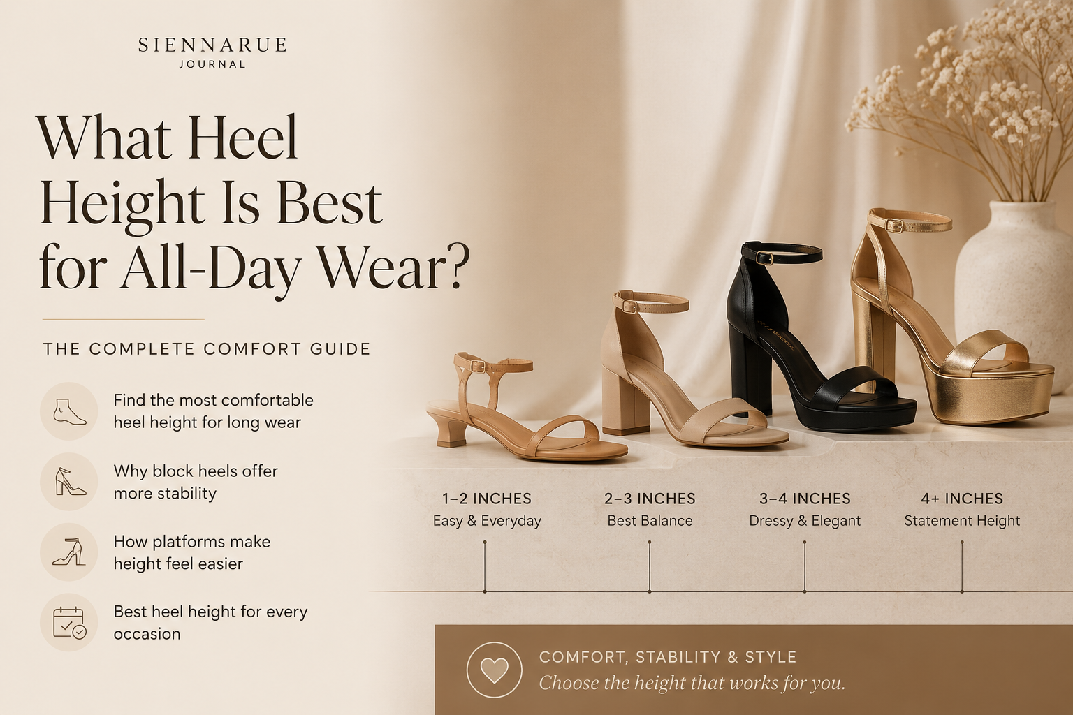 Elegant mid and high block heels on a warm ivory studio background with soft satin fabric and editorial text about the best heel height for all-day wear.