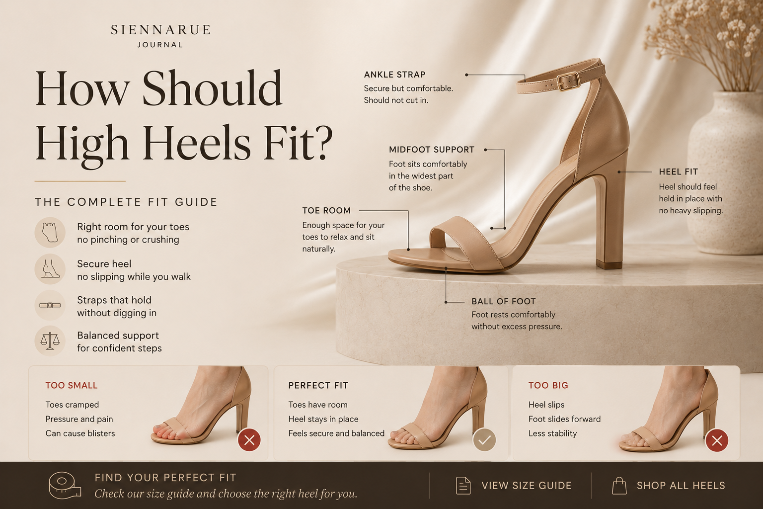Elegant high heel fit guide showing refined women’s heels on a warm ivory studio background with editorial sizing and comfort details.