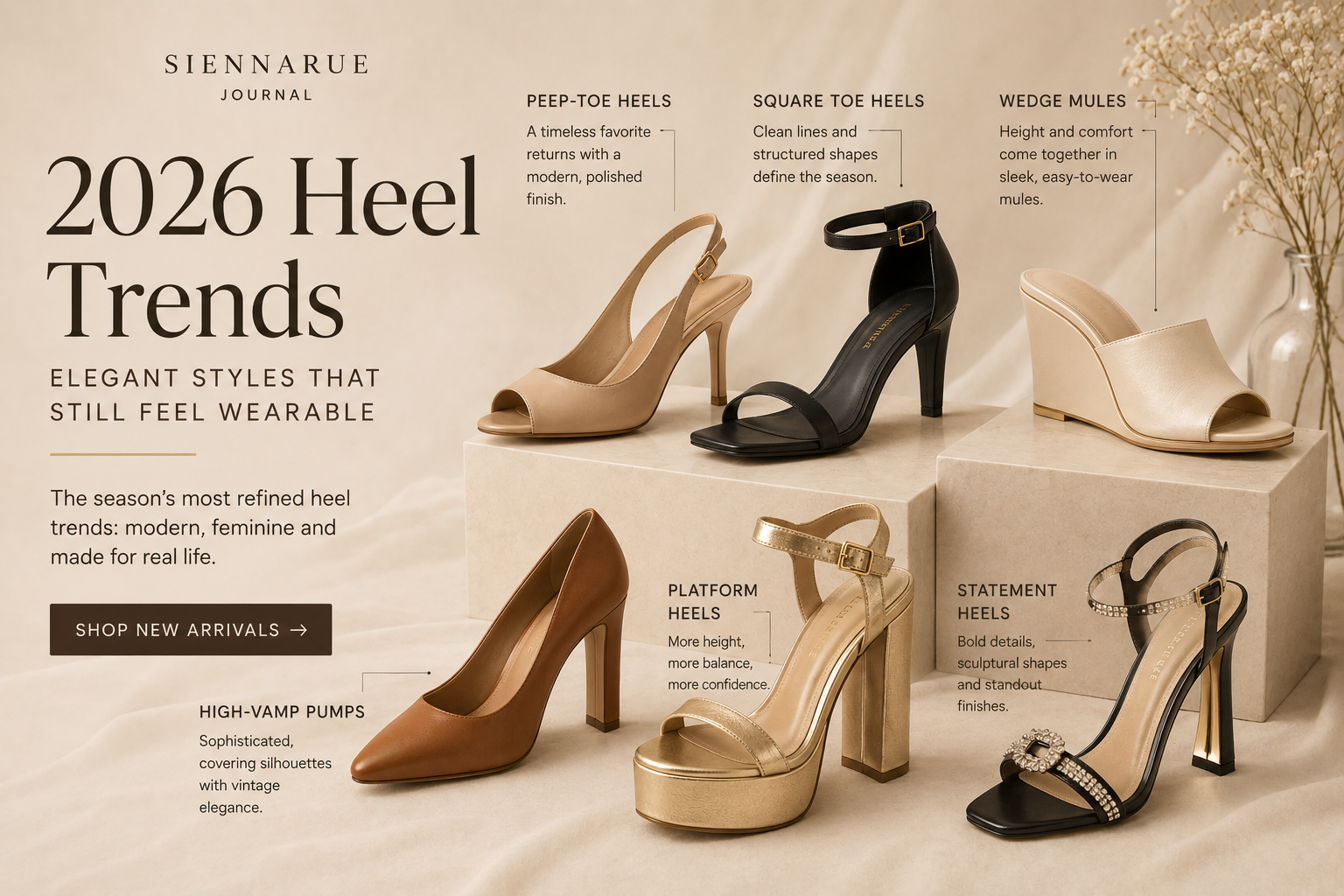 Elegant 2026 heel trends editorial featuring refined women’s heels on a warm ivory studio background with soft satin textures and trend-focused fashion styling.