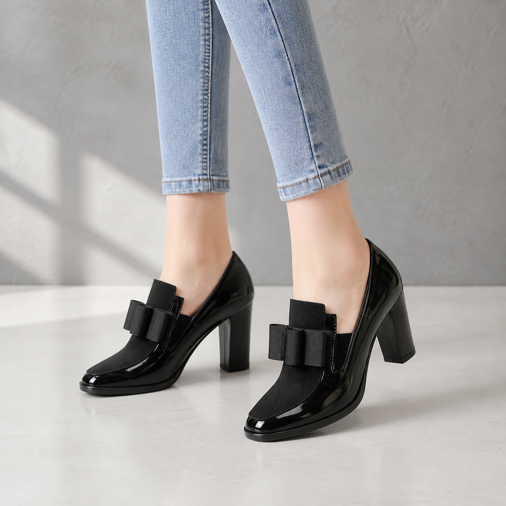Noir Bow Block Heels - Sienna Rue